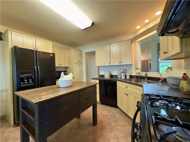 788 Latonka Dr, Coolspring Twp, PA 16137 - kitchen featuring black appliances, ventilation hood, butcher block counters, a sink, and a textured ceiling