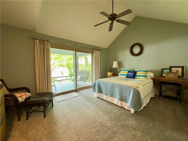 788 Latonka Dr, Coolspring Twp, PA 16137 - bedroom with access to outside, carpet floors, high vaulted ceiling, and ceiling fan