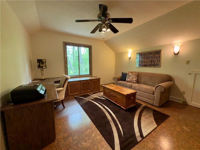 788 Latonka Dr, Coolspring Twp, PA 16137 - living area featuring vaulted ceiling, a ceiling fan, and an office area