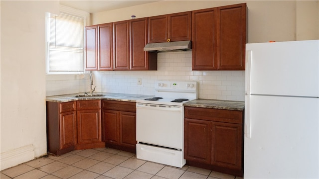 215 Radcliffe St, Esplen, PA 15204 - kitchen with a sink, backsplash, white appliances, and under cabinet range hood