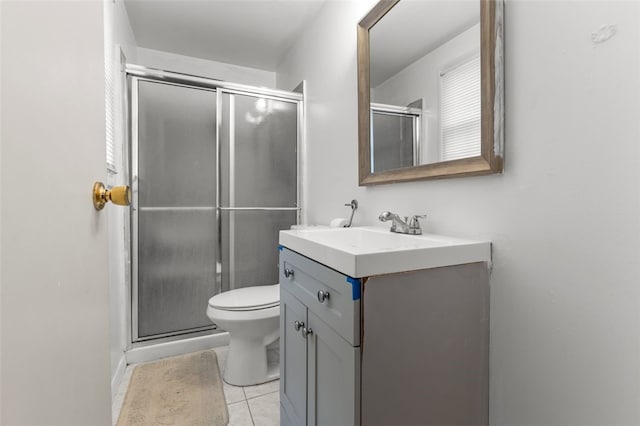 full bath with toilet, a stall shower, vanity, and tile patterned flooring