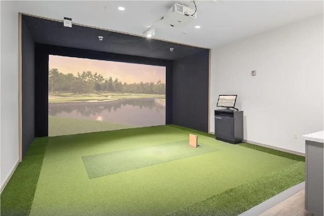 rec room featuring golf simulator, recessed lighting, carpet floors, and baseboards