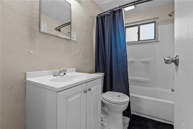 full bathroom with toilet, a textured wall, shower / bath combination with curtain, and vanity