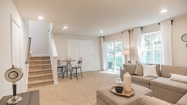 303 Cherry Tree Dr, Twp Of But Sw, PA 16001 - living room with light carpet, recessed lighting, baseboards, and stairs