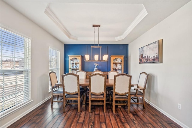 dining area featuring baseboards, a tray ceiling, crown molding, and dark wood finished floors