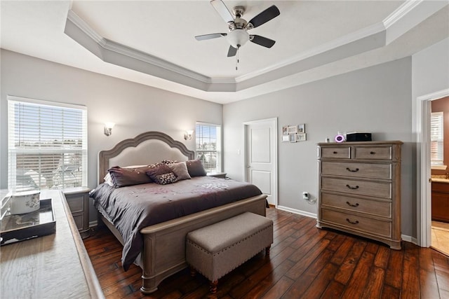 bedroom with a raised ceiling, ornamental molding, multiple windows, and dark wood-style floors