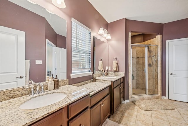 full bathroom featuring tile patterned flooring, a stall shower, and vanity