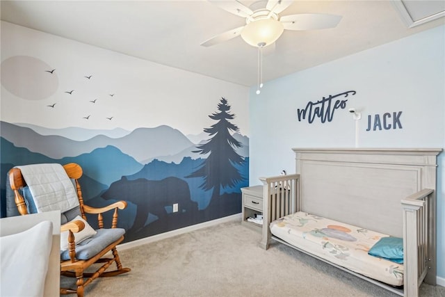 bedroom with baseboards, a ceiling fan, and carpet floors
