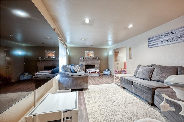 428 Brunner, Monroeville, PA 15146 - living area with recessed lighting, a brick fireplace, and wood finished floors