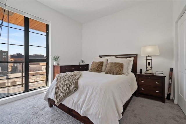 carpeted bedroom with a view of city