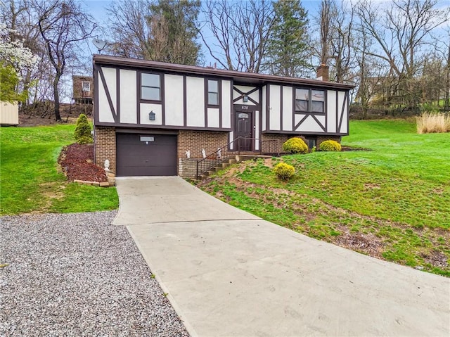 tudor house featuring stucco siding, a front yard, an attached garage, a chimney, and driveway