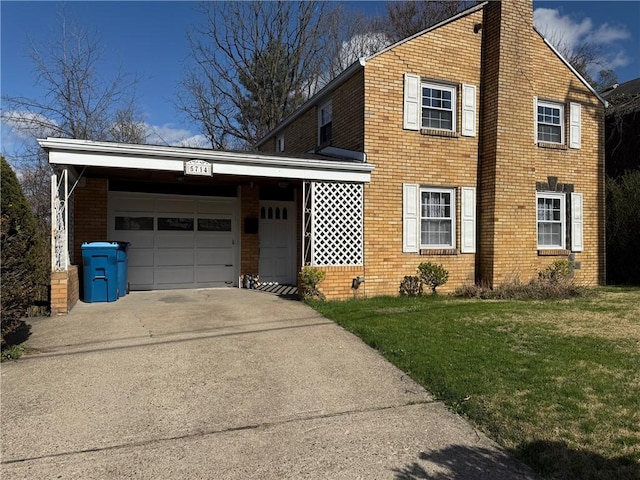 view of home's exterior featuring an attached garage, a lawn, a chimney, concrete driveway, and brick siding