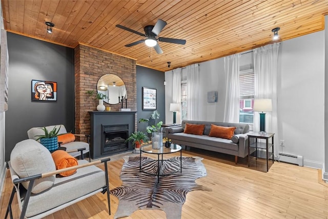 living area with wooden ceiling, wood-type flooring, and a ceiling fan