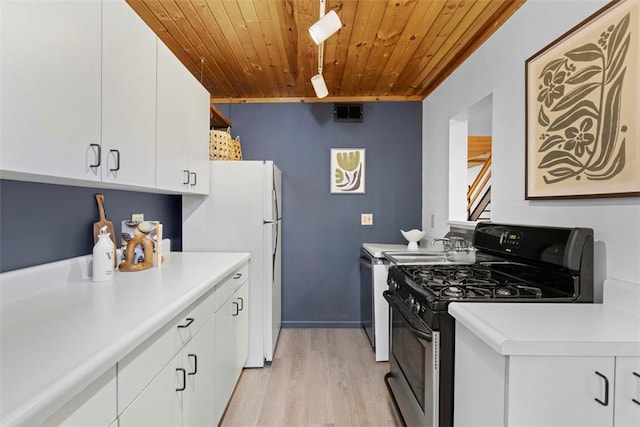 kitchen with white cabinets, stainless steel range with gas stovetop, light countertops, and wood ceiling