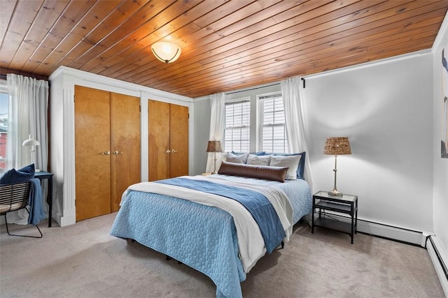carpeted bedroom featuring multiple closets, wooden ceiling, and a baseboard heating unit