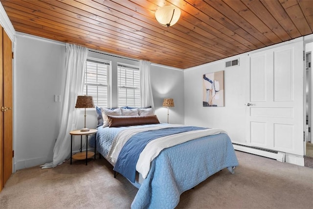 bedroom with visible vents, wooden ceiling, carpet, and baseboard heating