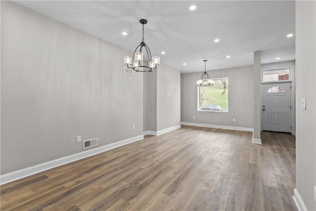 830 Adelaide St, Schenley Heights, PA 15219 - unfurnished dining area featuring visible vents, baseboards, a chandelier, recessed lighting, and wood finished floors