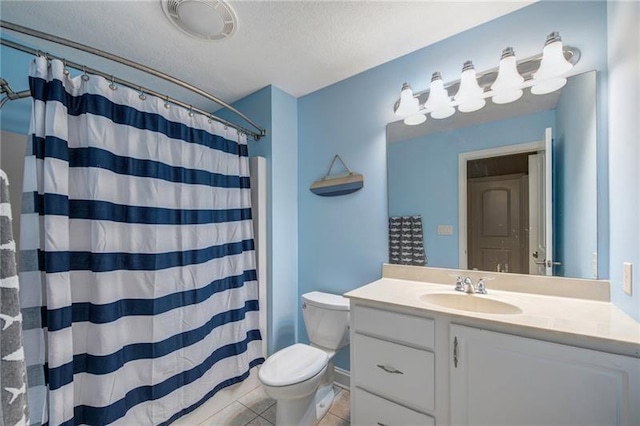 full bathroom featuring a textured ceiling, vanity, tile patterned flooring, toilet, and a shower with shower curtain