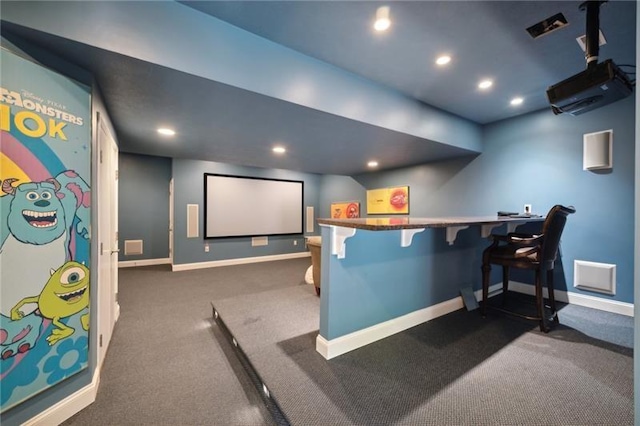 cinema featuring baseboards, recessed lighting, and carpet flooring