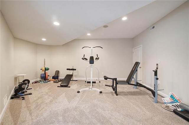 workout area with visible vents, baseboards, recessed lighting, and carpet flooring