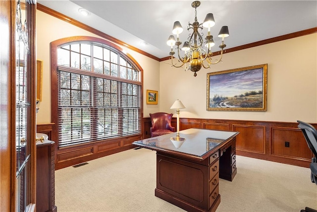 office featuring light colored carpet, wainscoting, and visible vents