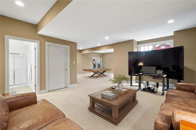 living room with carpet flooring, baseboards, and recessed lighting