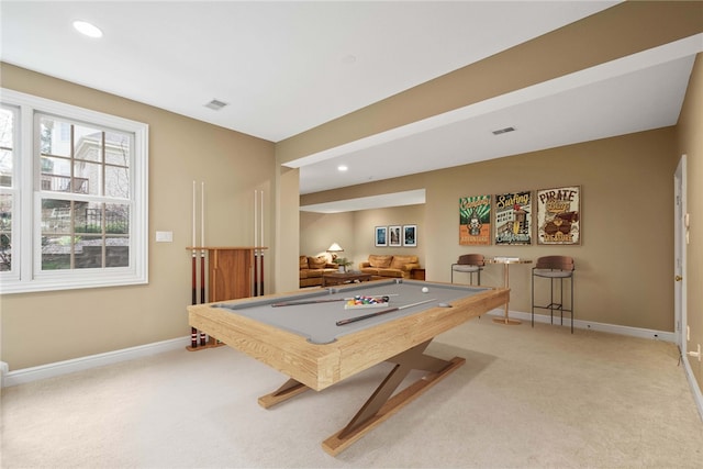game room with baseboards, light colored carpet, pool table, and visible vents