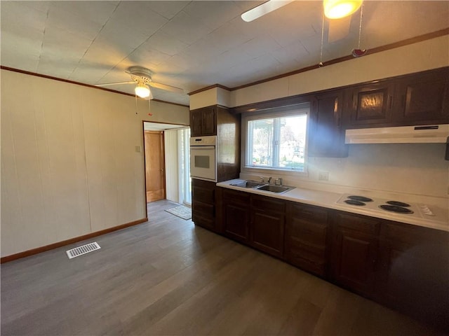kitchen with light wood-type flooring, white appliances, a ceiling fan, under cabinet range hood, and a sink