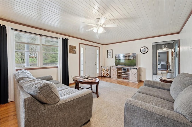 living area with crown molding, ceiling fan, light wood finished floors, and wooden ceiling