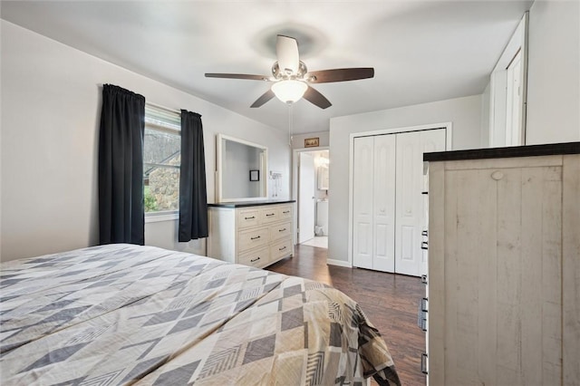 bedroom with a closet, ceiling fan, and dark wood-style floors