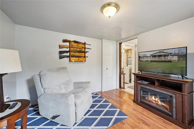 living room with wood finished floors and a glass covered fireplace