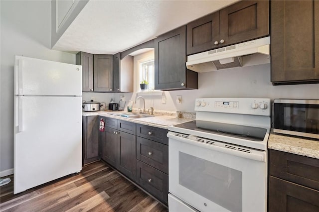 kitchen featuring dark brown cabinetry, white appliances, under cabinet range hood, dark wood-type flooring, and a sink