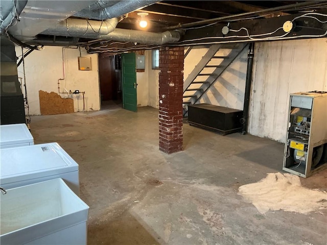 913 Russellwood Ave, Mckees Rocks, PA 15136 - unfinished basement featuring electric panel, washer and dryer, a sink, and stairs