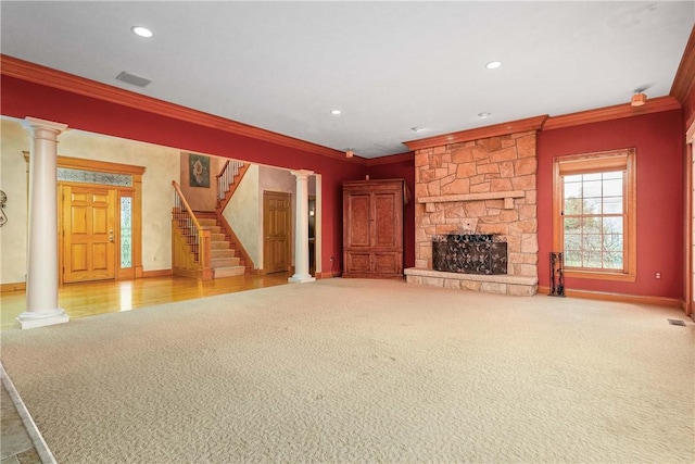 422 Heights Dr, Pine Twp Nal, PA 15044 - unfurnished living room featuring crown molding, decorative columns, and carpet flooring