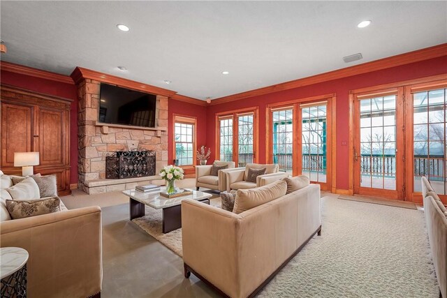 422 Heights Dr, Pine Twp Nal, PA 15044 - living area with recessed lighting, visible vents, a stone fireplace, and crown molding