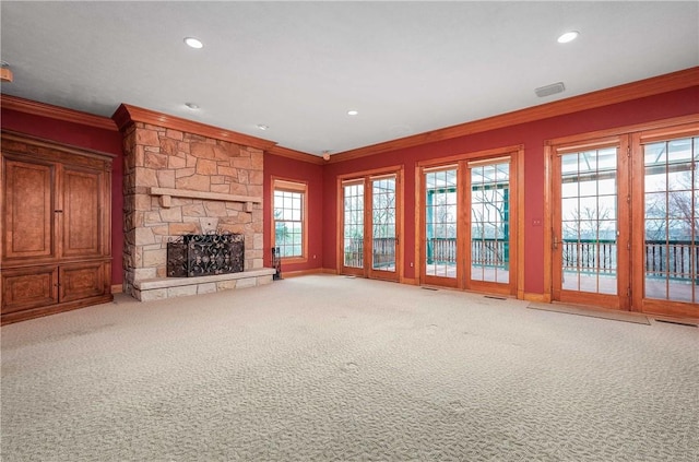 422 Heights Dr, Pine Twp Nal, PA 15044 - unfurnished living room with recessed lighting, ornamental molding, a stone fireplace, and carpet floors