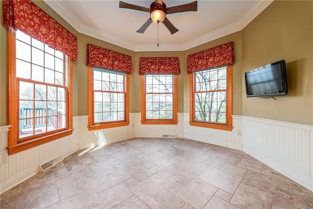 422 Heights Dr, Pine Twp Nal, PA 15044 - unfurnished room with ornamental molding, visible vents, a ceiling fan, and wainscoting