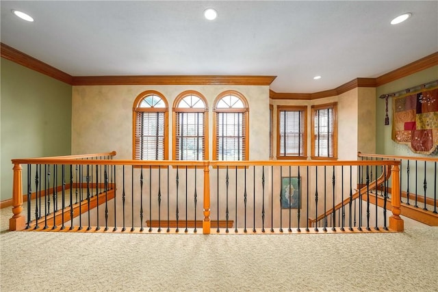 422 Heights Dr, Pine Twp Nal, PA 15044 - interior space with carpet flooring, an upstairs landing, ornamental molding, and a healthy amount of sunlight