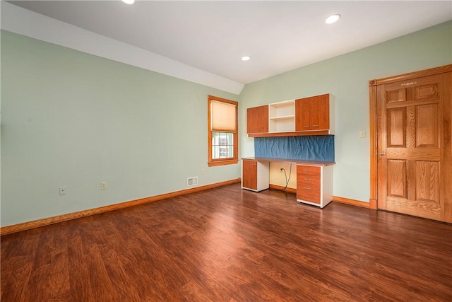 422 Heights Dr, Pine Twp Nal, PA 15044 - interior space featuring built in desk, visible vents, baseboards, and dark wood finished floors