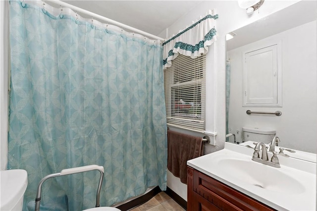 313 N Market St, Carmichaels/Cumblnd, PA 15320 - bathroom featuring toilet, tile patterned floors, vanity, and a shower with curtain