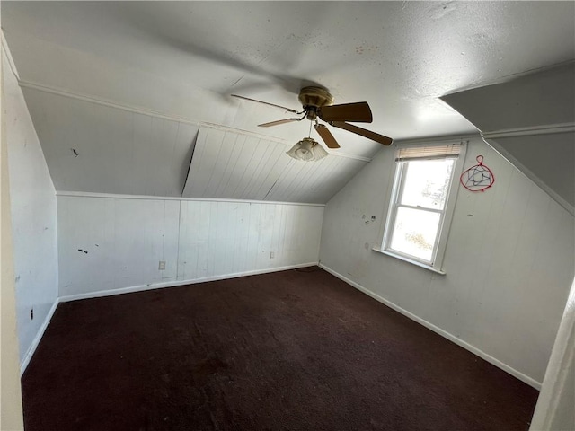 846 Florence Ave, East Mckeesport, PA 15035 - additional living space featuring ceiling fan, carpet flooring, vaulted ceiling, and baseboards