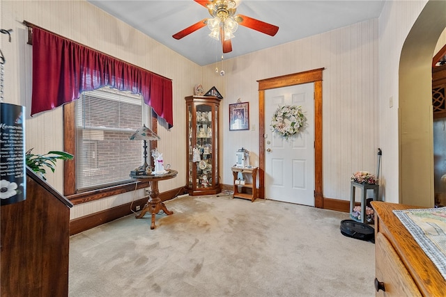 16 Elm St, Burgettstown Boro, PA 15021 - entryway with arched walkways, wallpapered walls, ceiling fan, and carpet