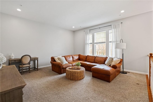living room with recessed lighting, carpet flooring, and baseboards