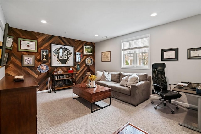 office featuring recessed lighting, wooden walls, baseboards, and carpet floors