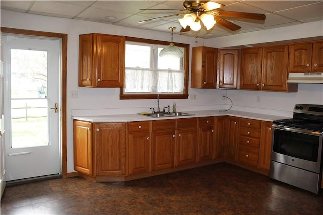 607 River St, W Brownsville, PA 15417 - kitchen with a sink, brown cabinetry, electric range, and under cabinet range hood
