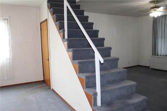 607 River St, W Brownsville, PA 15417 - stairs with radiator heating unit, ceiling fan, carpet, and baseboards