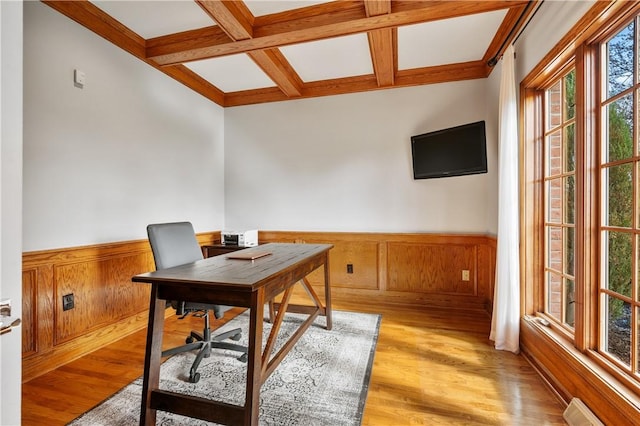 home office featuring visible vents, beamed ceiling, light wood finished floors, wainscoting, and coffered ceiling