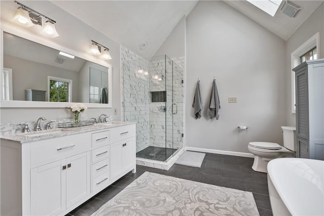 full bath with a sink, double vanity, lofted ceiling with skylight, and a stall shower