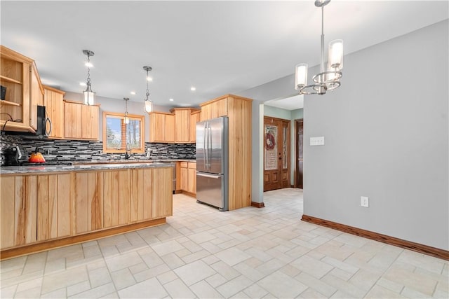 kitchen with open shelves, decorative backsplash, light brown cabinets, baseboards, and stainless steel appliances