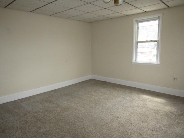 spare room featuring carpet flooring, baseboards, and a drop ceiling
